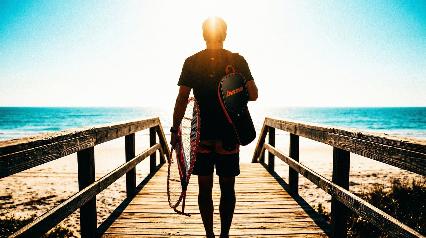 Silhouetted figure carrying Basa gear down a wooden boardwalk toward the ocean at golden hour