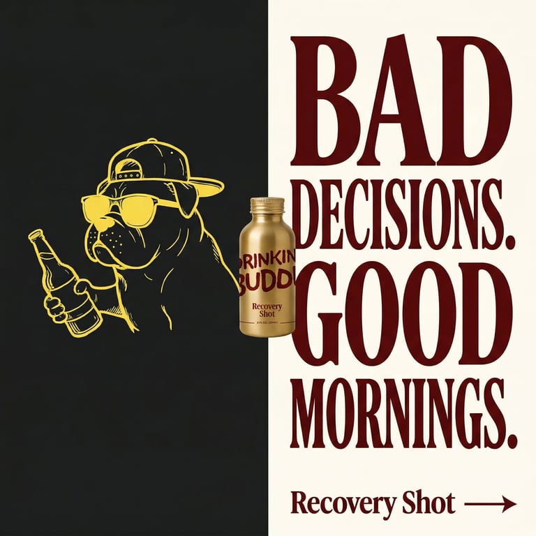 Drinking Buddies brand still — playful product hero on a clean backdrop
