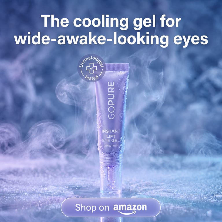 goPure Instant Lift Eye Gel — standing tube wreathed in cooling mist with dermatologist-tested badge