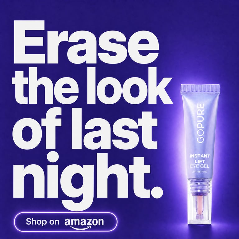 goPure Instant Lift Eye Gel — 'Erase the look of last night' headline on dark purple backdrop