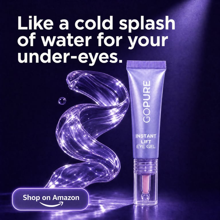 goPure Instant Lift Eye Gel — glowing water-gel ribbon sculpture alongside the tube