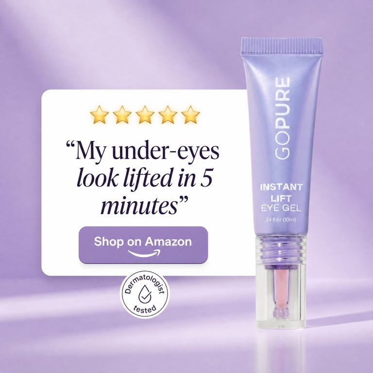goPure Instant Lift Eye Gel — five-star customer review card with 'lifted in 5 minutes' quote
