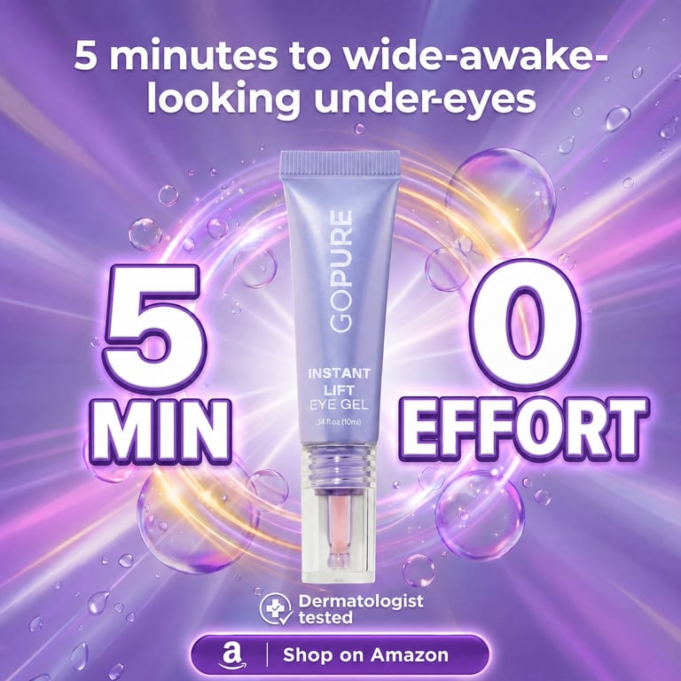 goPure Instant Lift Eye Gel — '5 min / 0 effort' stat graphic on radiating purple backdrop