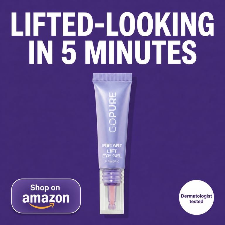 goPure Instant Lift Eye Gel — minimal 'Lifted-looking in 5 minutes' layout on flat purple