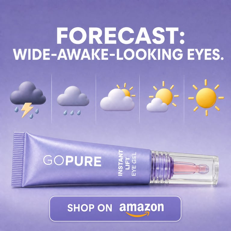 goPure Instant Lift Eye Gel — 'Forecast: wide-awake-looking eyes' weather icons across the top