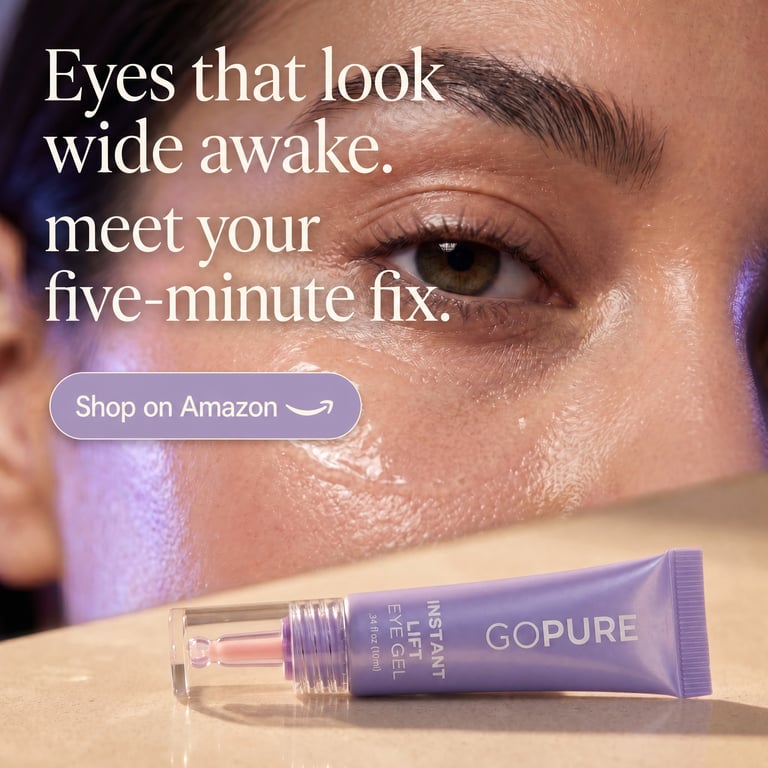 goPure Instant Lift Eye Gel — photoreal under-eye macro with 'Eyes that look wide awake' headline
