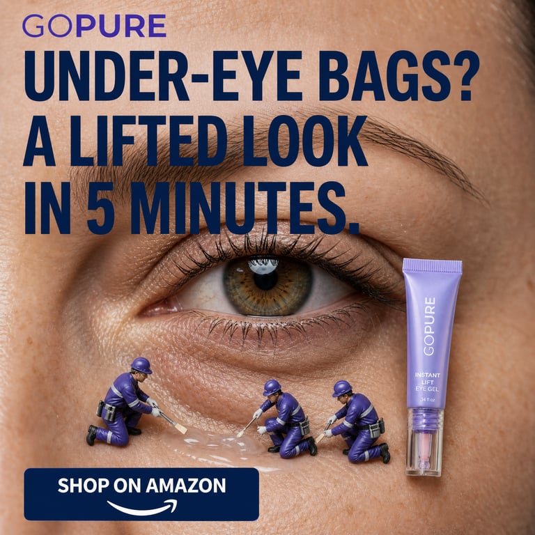 goPure Instant Lift Eye Gel — photoreal under-eye close-up with miniature crew smoothing the area
