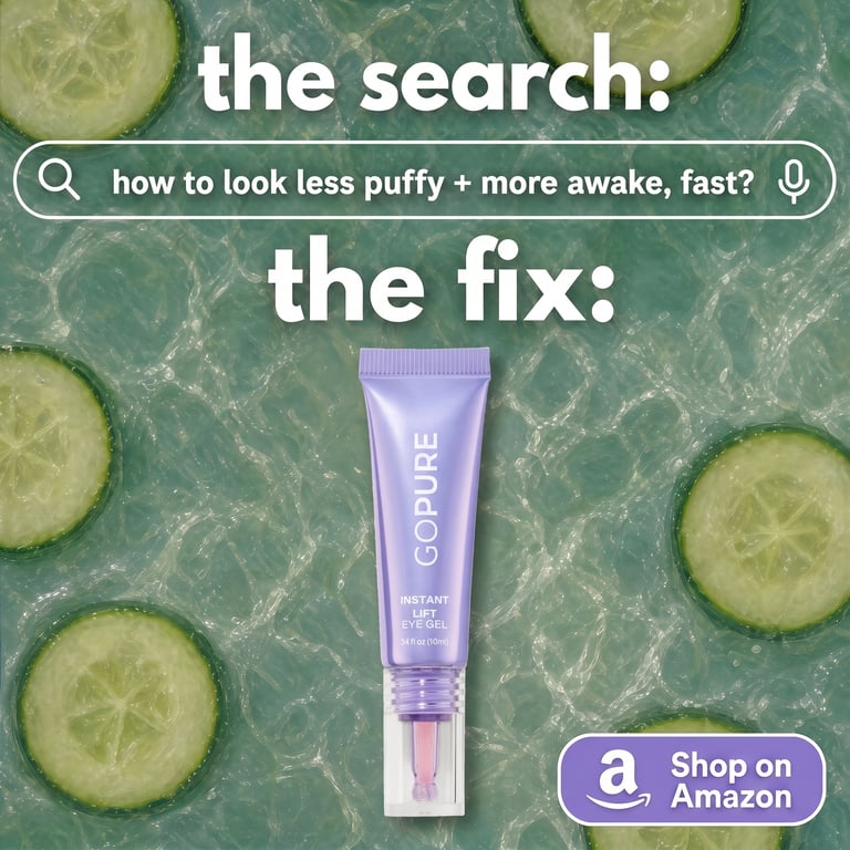 goPure Instant Lift Eye Gel — cucumber slices and tube framed by 'the search / the fix' search-bar mockup