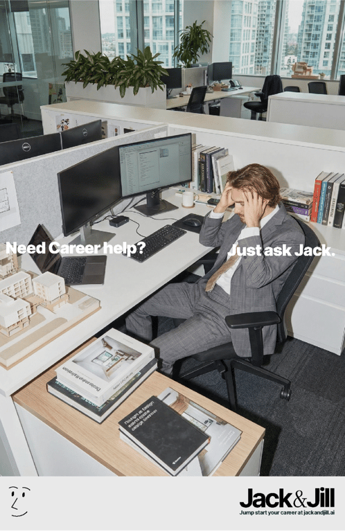 JackAndJill.ai phone-forward creative with floating envelopes and Stop Applying headline