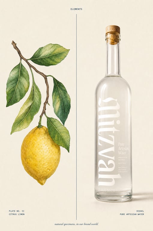 Mitzvah bottle in a still-life arrangement with natural textures