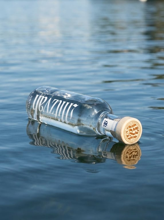 Mitzvah water bottle floating on calm water with a soft reflection
