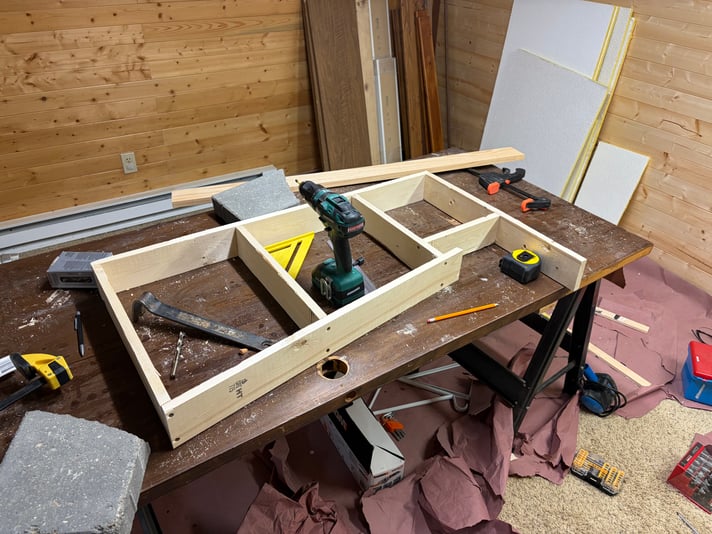 The completed frame for the 3rd panel, day 3 of benchwork construction