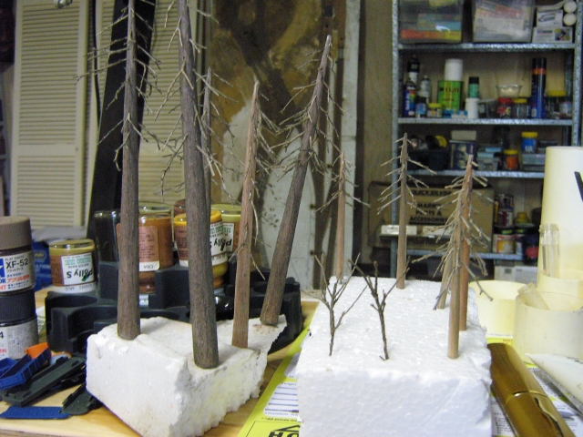 Tall N scale redwoods at wrkbench