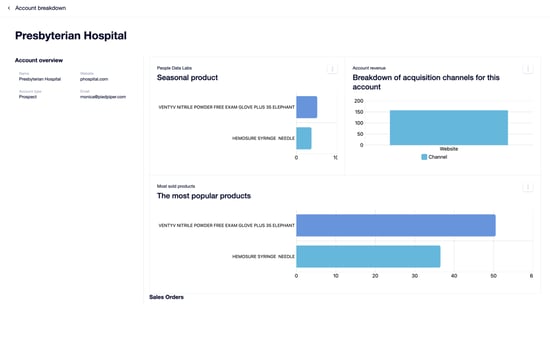 Detailed account overview for individual accounts in an account management system, displaying seasonal product interest and acquisition channel breakdown.