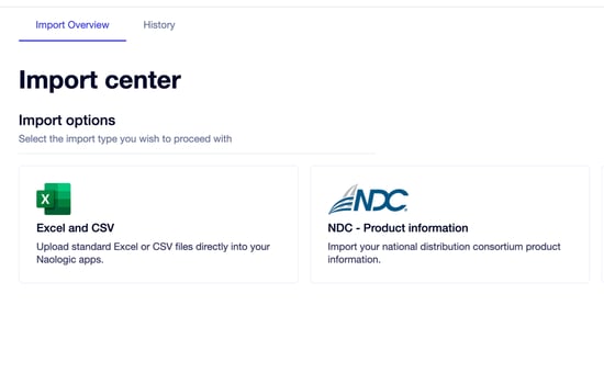 Import center dashboard offering options to upload Excel and CSV files or import product information for Naologic apps.