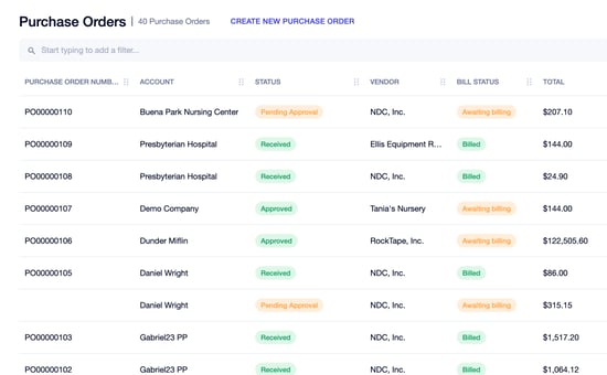 Table listing 'Purchase Orders' with columns for order number, account, status, and total, showing various vendor names and statuses.