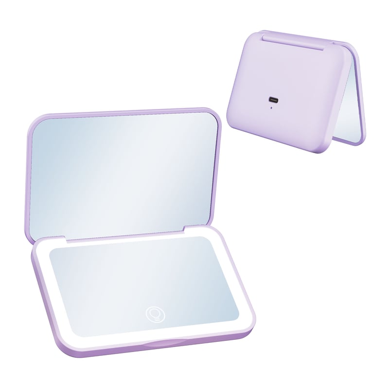 Folding LED Compact Mirror in lilac, open and closed