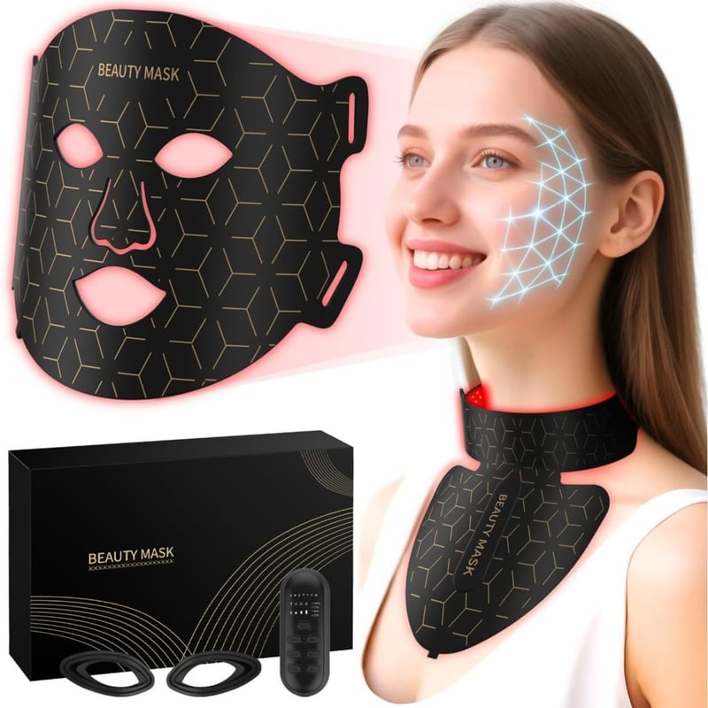 Everything supplied: the mask, the neck panel, the remote, the straps and the box