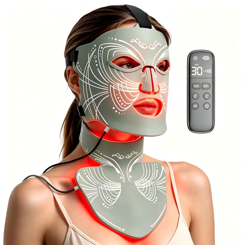The face and neck mask alongside the handheld remote that runs it