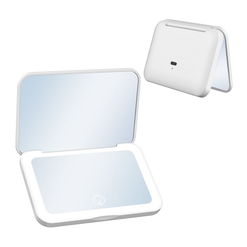 Folding LED Compact Mirror in white, open and closed