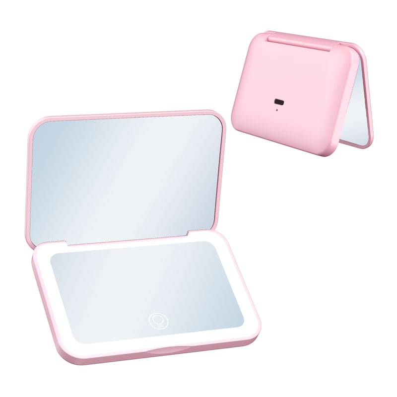 Folding LED Compact Mirror in pink, open and closed