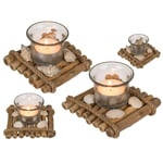 Glas-Teelichthalter auf Holzfloß mit Muscheln