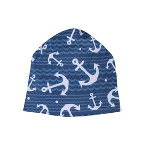 Strickmütze Long Beanie Slouch Mütze blau weiß Anker Wellen maritim