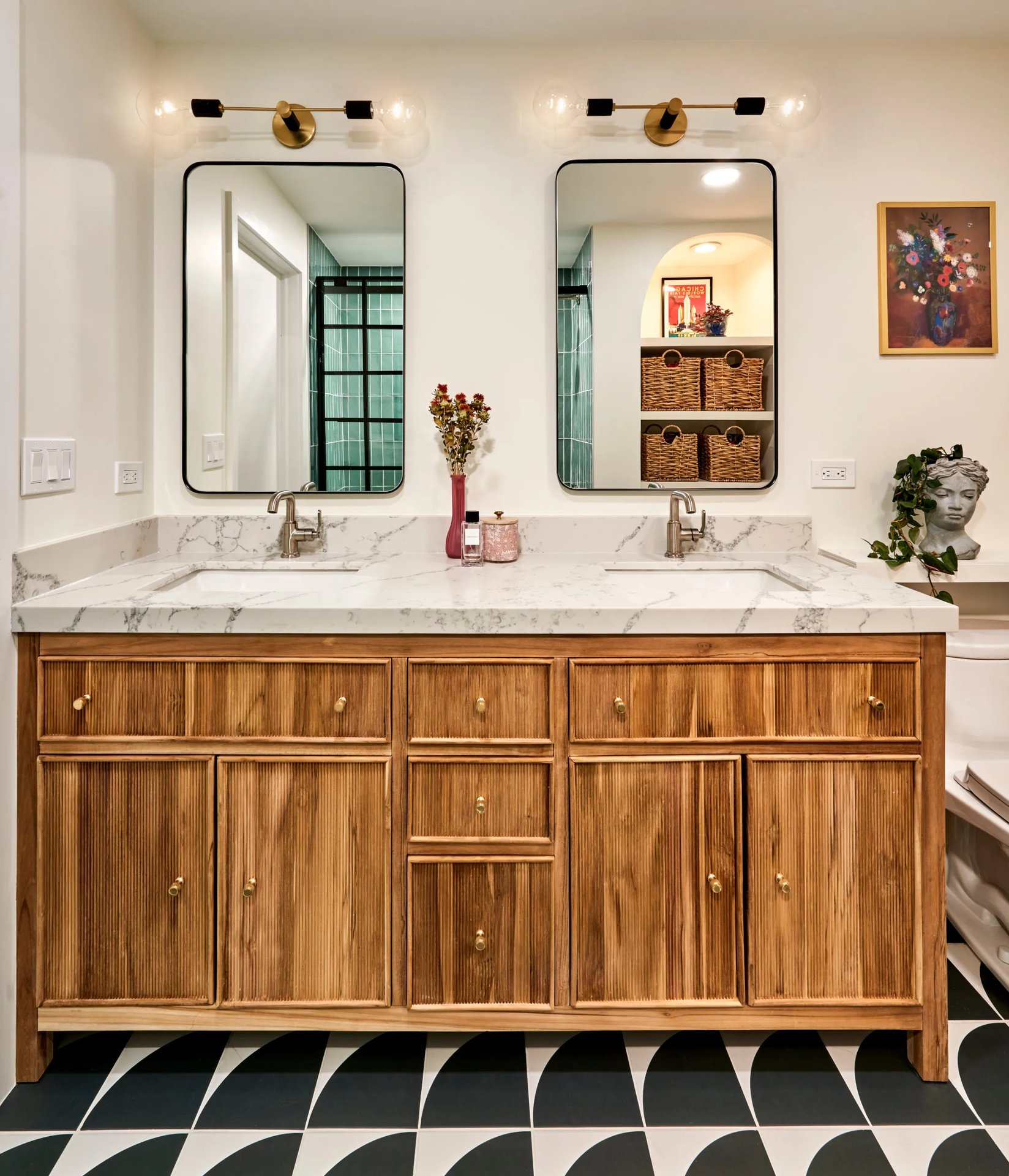 Powder room remodel with custom vanity and updated lighting