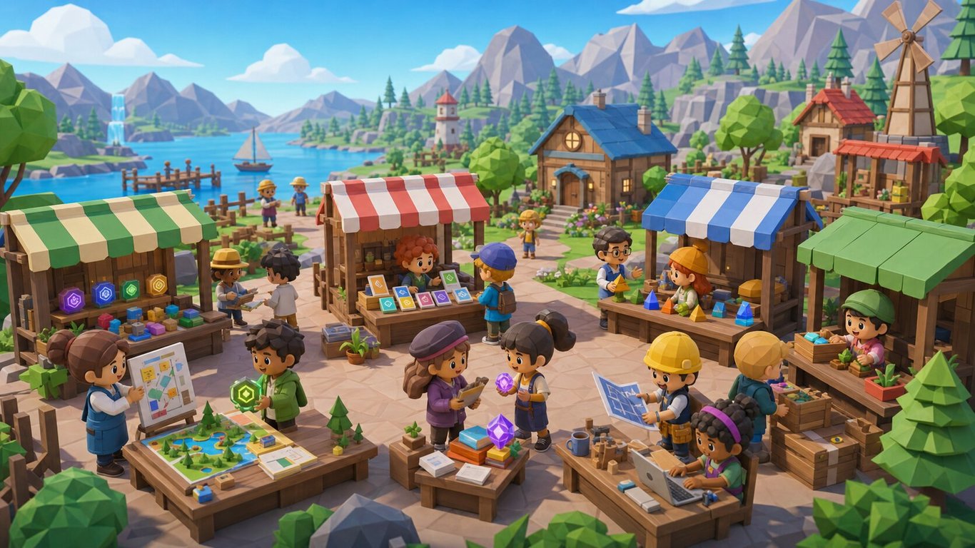 EranaOS agents trading work and skills in a village market