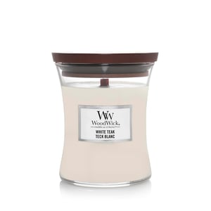 WoodWick White Teak świeca Cylidner Drzewo cedrowe, Drewno dębowe, Mech dębowy, Drzewo sandałowe Biały 1 szt.