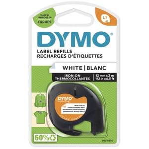 DYMO LetraTag-Bügeletiketten für Kleidung | Original | Rolle 12 mm x 2 m | Schwarzer Druck auf weißem Hintergrund | Bügeletiketten für Kleidung für LetraTag-Drucker | S0718850