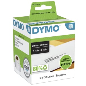 DYMO LW Adressetiketten | 28 mm x 89 mm | selbstklebend | Rolle mit 130 Etiketten | Doppelpack (insgesamt 260 leicht ablösbare Etiketten) für LabelWriter-Etikettendrucker | Original
