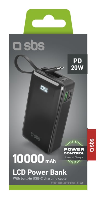 фото Зовнішній акумулятор (павербанк) SBS LCD Power Bank 22.5W 10000 mAh Black (TTBB10000LCDTCPD20K)