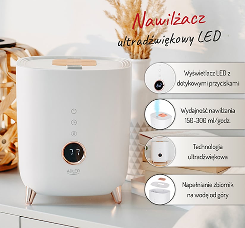 Adler AD 7972 nawilżacz powietrza Ultradźwiękowy 4 l Biały 23 W