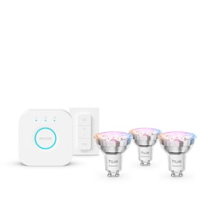 Philips Hue White and color ambiance Podstawowy zestaw startowy: 3 inteligentne żarówki GU10 (345 lm) + regulator przyciemniania