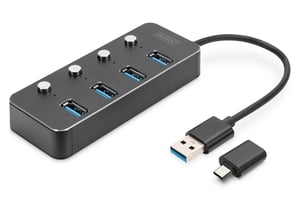 Digitus USB 3.0-koncentrator, 4 portar, på/av, aluminiumhölje