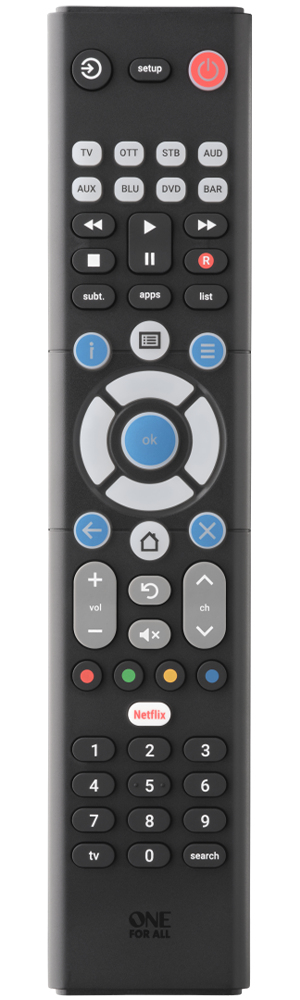 One For All Essence 8 pilot Audio, DVD/Blu-ray, Konsola do gier, Media player, PC, Głośnik soundbar, TV Naciśnij przyciski