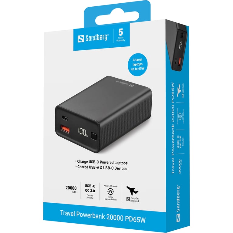 фото Зовнішній акумулятор (павербанк) Sandberg Travel Powerbank 20000mAh 65W (420-95)