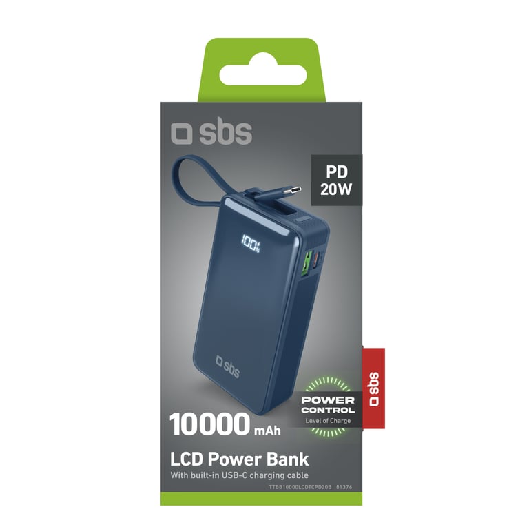 фото Зовнішній акумулятор (павербанк) SBS LCD Power Bank 22.5W 10000 mAh Blue (TTBB10000LCDTCPD20B)