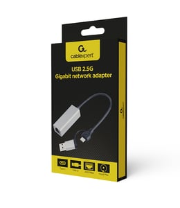 Gembird A-USB3AC-LAN2G-01 Nätverkskort för PowerLine 2500 Mbit/s Trådbundet LAN Svart, Grå 1 st.