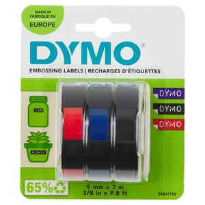 DYMO Oryginalna taśma do wytłaczania etykiet | 9mm x 3m | Białe znaki na niebieskim tle | Białe znaki na czerwonym tle | Białe znaki na zielonym tle | Samoprzylepna | Do wytłaczarek etykiet | 3 szt.