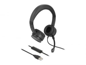 DeLOCK USB-Stereo-Kopfhörer mit Fernbedienung am Kabel und Schnellstummschaltknopf für PC oder Laptop