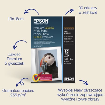 Epson Fotograficzny papier błyszczący Glossy Photo Paper Premium firmy (130 × 180 mm), 255 g/m2, 30 arkuszy