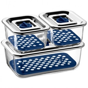 WMF 06.5424.9999 Lebensmittelbehälter, rechteckige Box, blau, Edelstahl, transparent, 3 Stück.