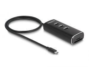 DeLOCK 3-portowy koncentrator USB 10 Gbps z czytnikiem kart SD i Micro SD ze złączem USB Type-C Kabel o długości 60 cm i przełącznik dla każdego portu