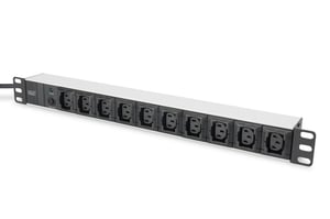 Digitus 19-tums PDU-strömfördelare för rack, 10 C13-uttag, 2,0 m, 1 C14-kontakt, 10 A, överbelastningsskydd, aluminiumprofil