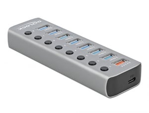 DeLOCK USB-Hub 5 Gbps mit 7 Anschlüssen + 1 Ladeanschluss + 1 USB-C-PD-3.0-Anschluss mit Schalter und Hintergrundbeleuchtung