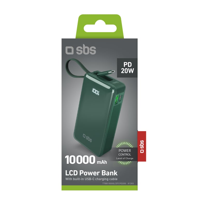 фото Зовнішній акумулятор (павербанк) SBS LCD Power Bank 22.5W 10000 mAh Green (TTBB10000LCDTCPD20G)