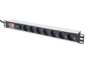Digitus 19"-Rack-PDU-Steckdosenleiste, 7x Schuko-Steckdose, 2,0 m, 1x Unischuko-Stecker, 16 A, Ein-/Aus-Schalter, Überspannungsschutz, Aluminiumprofil