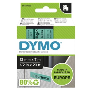DYMO D1 Original-Etiketten | Rolle 12 mm x 7 m | grüner Aufdruck auf schwarzem Hintergrund | selbstklebende Etiketten für LabelManager-Etikettendrucker
